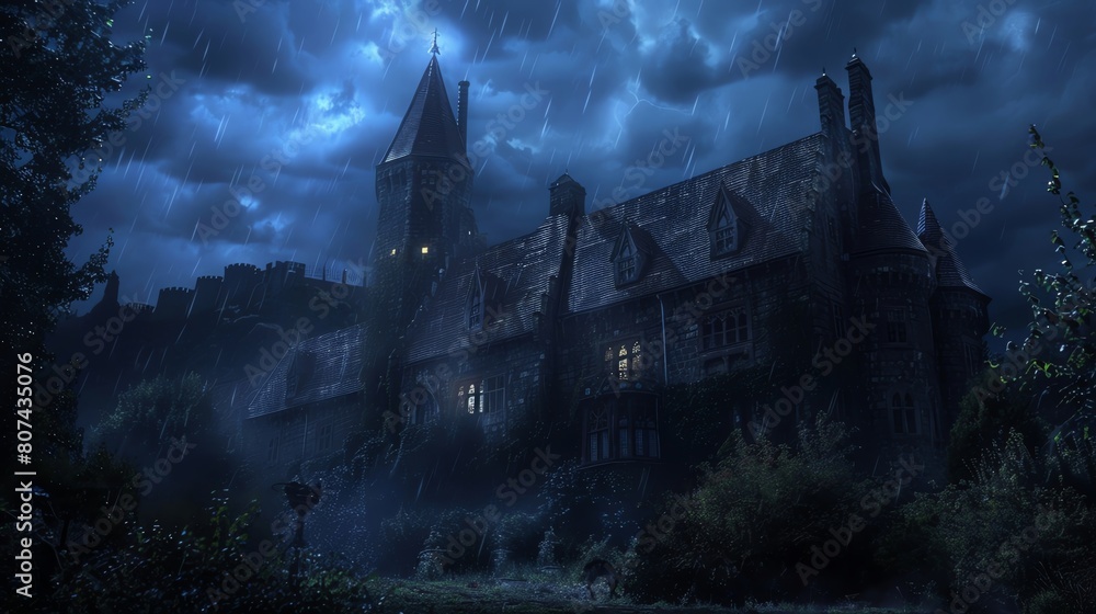 Craft a chilling narrative with a low-angle view of a haunted castle during an intense thunderstorm, blending in mysterious figures from ancient folklore Traditional Art Medium, ominous lighting, and
