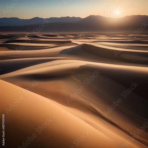 A dramatic desert landscape with towering sand dunes  a blazing sun  and a clear  blue sky5