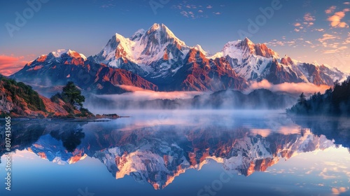 A Mountain Range Is Reflected in a Large Body of Water on a Cloudy Day - Generative AI