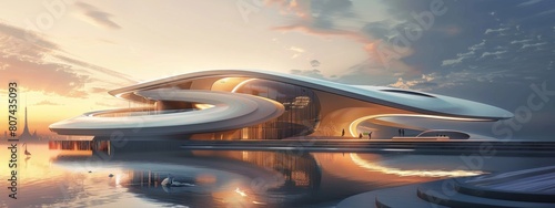 A modern architectural design of a futuristic building.