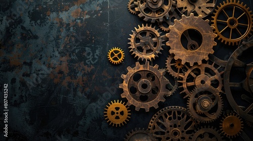 A collection of gears and cogs are arranged in a circle on a black background. Concept of mechanical precision and order, with each gear fitting perfectly into the next