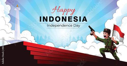 Indonesian independence hero spirit, with clenched fists, shouting and brandishing the red and white flag