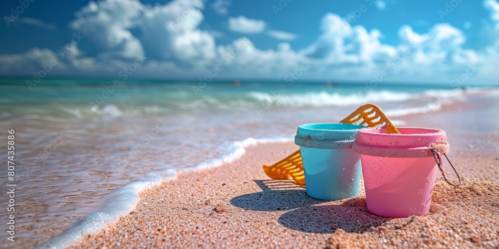plastic сhildren's beach toys and a starfish on sand near sea. Summer vacation concept plastic сhildren's beach toys and a starfish on sand near sea. Summer vacation concept