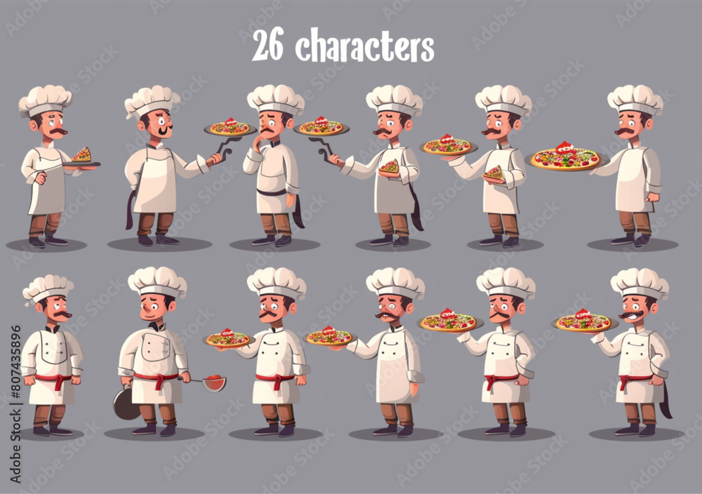 
Set of chef characters, with multiple poses and expressions, in a vector illustration flat style. The full body view shows grey background