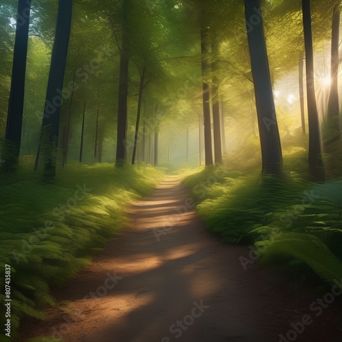 A peaceful forest trail with sunlight filtering through the trees and birdsong in the air4