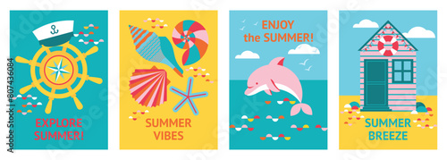 Set of summer marine backgrounds with cute dolphin, creative seashells, beach house and steering wheel. Abstract maritime and travelling backdrop. Vacation, recreation, jurney, trip. 
