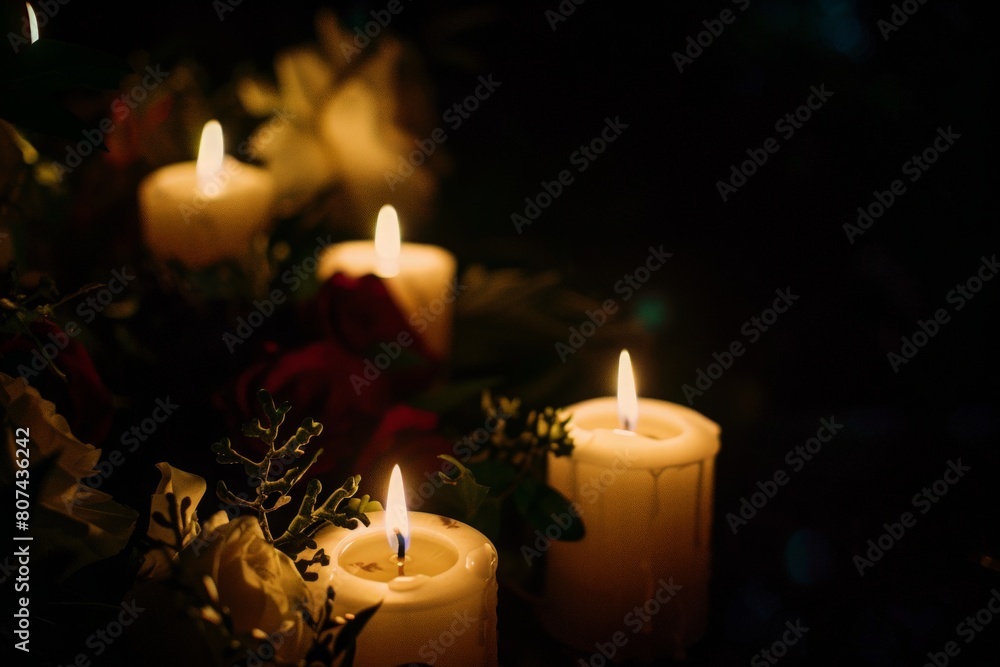 Photo of burning mourning candles on a table against a black background. Lighting candles for bad events, tragedies, in memory, memorial candles, reverence, rest in peace. Photo of burning mourning candles on a table against a black background. Lighting candles for bad events, tragedies, in memory, memorial candles, reverence, rest in peace.