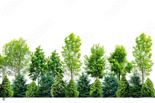 Green trees isolated on white background. Forest and foliage in summer. Row of trees and shrubs - generative ai