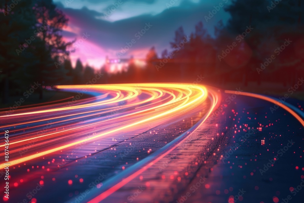 A road with a bright orange line on it. The road is empty and the sky is cloudy