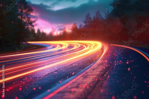 A road with a bright orange line on it. The road is empty and the sky is cloudy