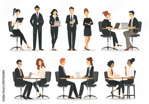 set of business people in office, meeting and presentation vector illustration white background, flat design, 2d, modern, minimalist, bold lines, solid color blocks, graphic design style