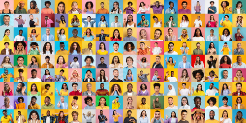This colorful collage features a global diversity of multiracial, multiethnic, and international smiling people embodying unity