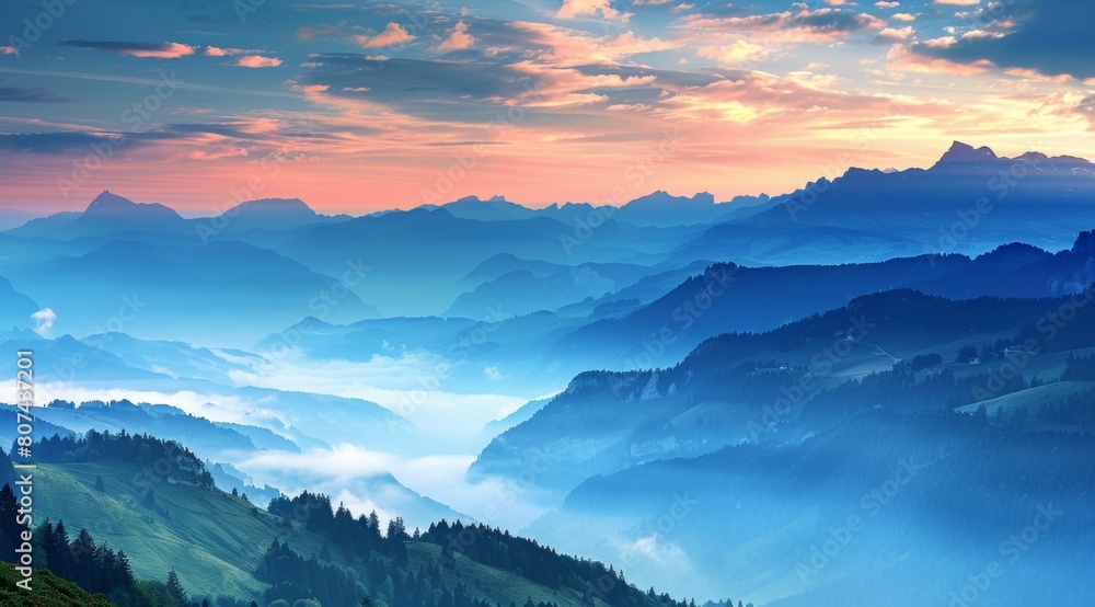 KSBeautiful misty valley at sunrise aerial view of mount