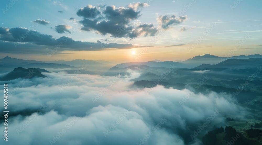 KSBeautiful misty valley at sunrise aerial view of mount