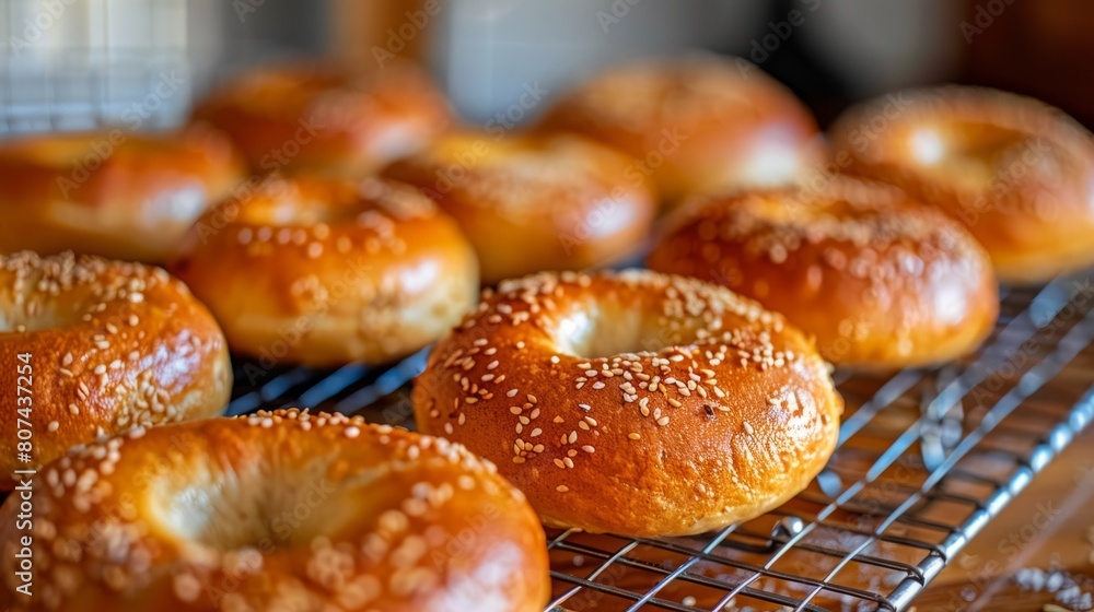 baking fresh bread, just-out-of-the-oven homemade bagels, draped over a wire rack, wafting the tempting aroma of freshly baked bread through the kitchen