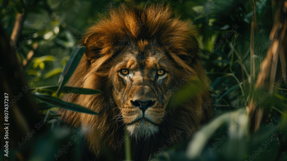 Fototapeta premium A lion lurks from the shadows of the dense forest foliage