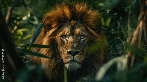 A lion lurks from the shadows of the dense forest foliage