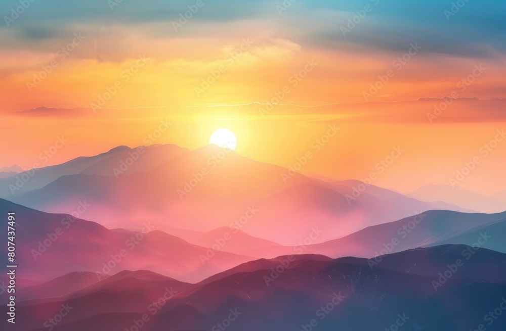 Fototapeta premium KSBeautiful misty valley at sunrise aerial view of mount