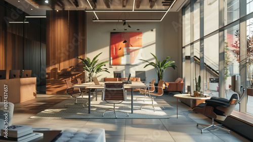 Fototapeta Naklejka Na Ścianę i Meble -  Coworking space for different creative flows. 3D photo of modern office work space with many areas