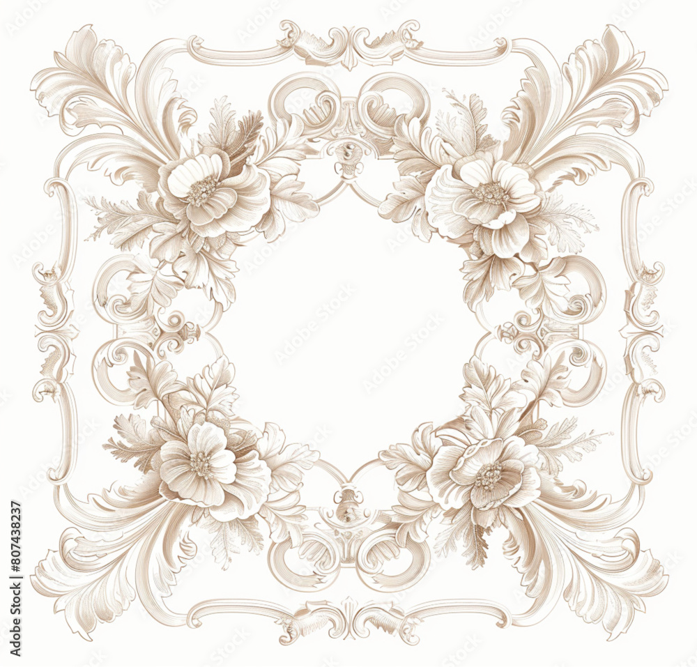 simple line art, in the style of baroque, vintage frame with floral ornaments on white background, vector illustration, in the style of beige color palette, isolated, no shadows, white space around th