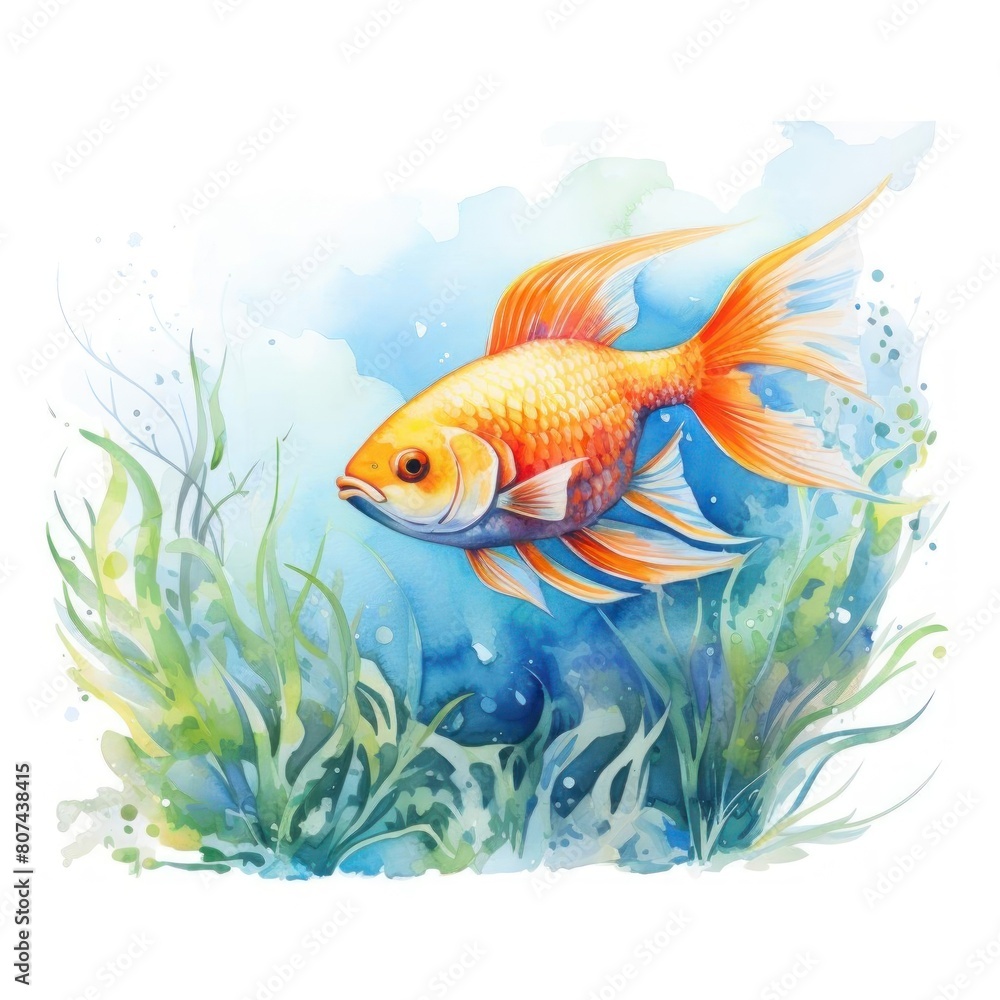 Naklejka premium A vibrant watercolor illustration of a colorful fish swimming through clear blue waters The fish s orange
