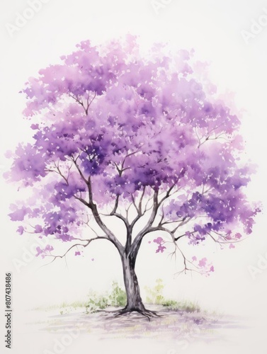 A watercolor depiction of a colorful jacaranda tree