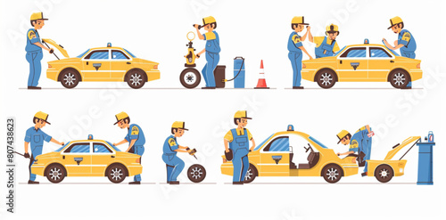 set of vector illustrations depicting an auto mechanic in different poses and expressions while working on a yellow car  with a blue uniform on a white background