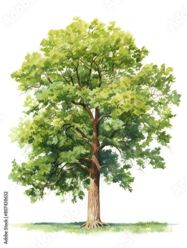 A watercolor illustration of a vibrant oak tree