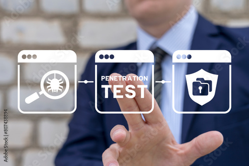 Obraz na płótnie Young business man working on virtual touch screen presses inscription: PENETRATION TEST. Cyber security privacy data protection business technology. Penetration test ( pentesting ) concept. w salonie