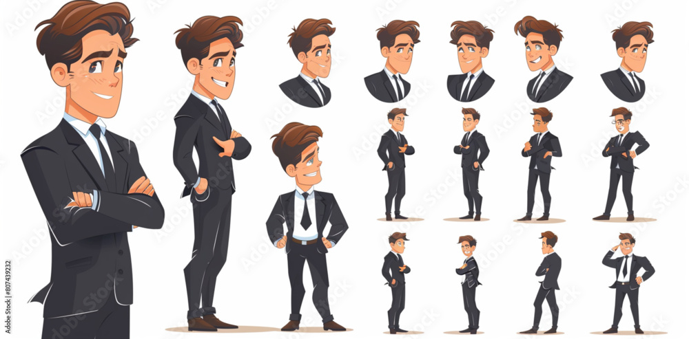 Sticker sheet of full body business man in black suit, various facial expressions and poses, office background, vector illustration
