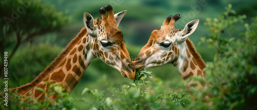Beautiful scene of giraffes eating leaves in Massai Mara jungle, South Africa. photo