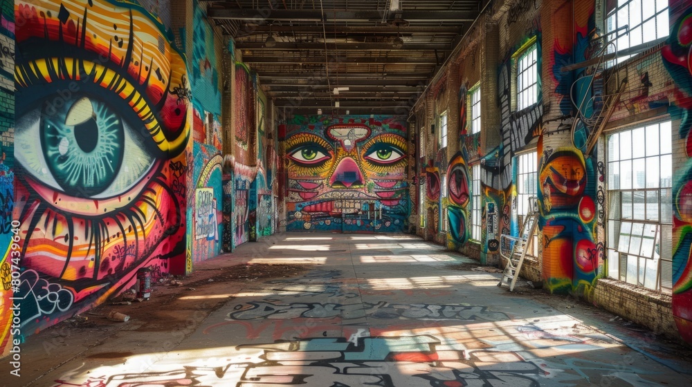Obraz premium urban art exhibition, an old warehouse turned into a vibrant graffiti gallery, featuring eye-catching street art covering every inch of the walls