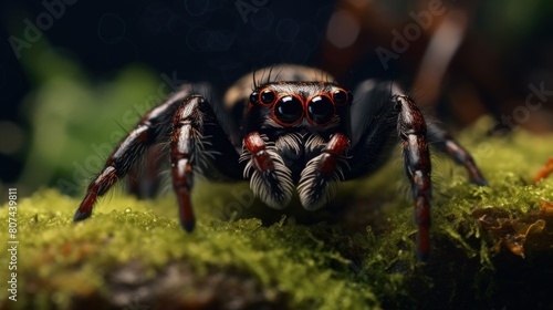 Jumping spider on green moss background. Tarantula spider.