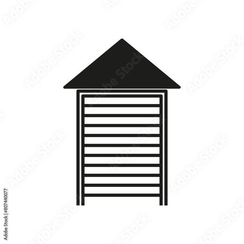 Simple beach hut representation. Seaside shelter symbol. Vector minimalist cabin. Black silhouette design.