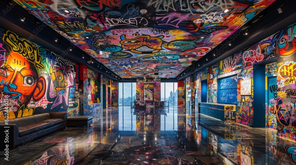 ceiling graffiti art, the rooms ceiling is adorned with a vivid graffiti mural, showcasing intricate designs and vibrant colors that capture attention and offer an immersive atmosphere