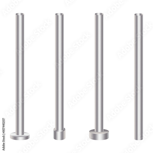 Metal poles set. Vertical alignment. Industrial design. Vector rods.