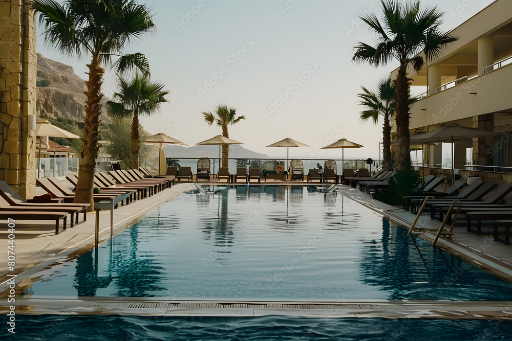 Swimming pool and sun loungers at stylish tropical spa hotel, summertime banner mockup. Summer travel sales and vacation concept.