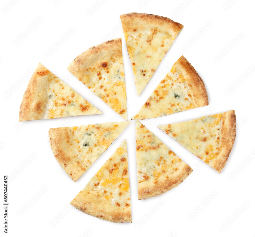 Pieces of delicious cheese pizza isolated on white, top view Pieces of delicious cheese pizza isolated on white, top view