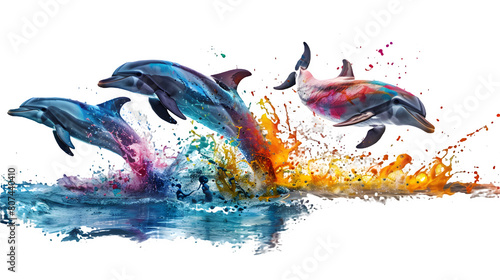 Dolphins made with paint splash isolated on a transparent background, PNG, Ai photo