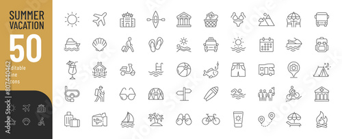 Summer Vacation Editable Icons set. Vector illustration in modern thin line style of travel related icons: sea, surfing, beach, hotel, and more. Pictograms and infographics for mobile apps.