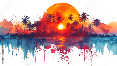 Fototapeta Naklejka Na Ścianę i Meble -  Sunset from a beach made from paint splash isolated on a transparent background, PNG, Ai