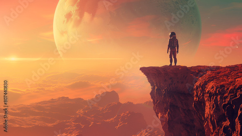 alien is standing on the edge of a cliff  overlooking the landscape with arms on his sides  copy space