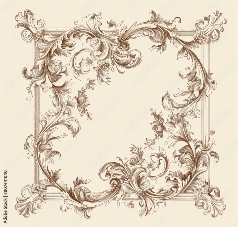 vintage baroque frame line vector on white background, in the style of light brown color