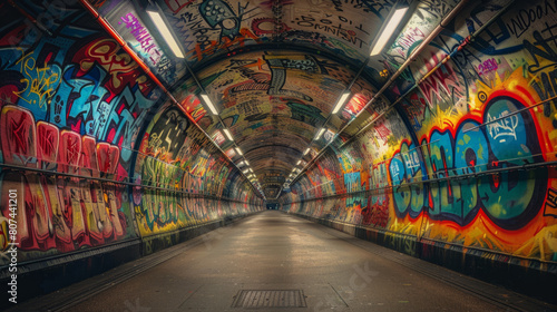 urban art installation, subterranean passage transformed into a vibrant graffiti hub, adorned with elaborate patterns and vivid hues spanning endlessly photo