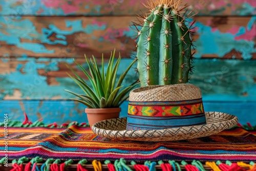 Cactus with sombrero hat on wooden rustic background. Traditional Mexican style