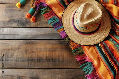 Sombrero hat on wooden rustic background. Traditional Mexican style