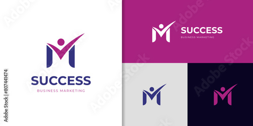 initial letter M with business success People Check Logo design for corporate identity, brand, company logo element