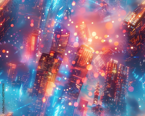 Capture low-angle view of a futuristic cityscape merging new ideas; incorporate financial trends subtly with holographic graphs adorning skyscrapers