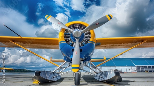 Propeller-driven yellow and blue float plane parked at an airport. Low angle view shot with a wide angle lens