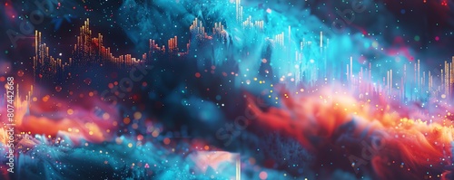 Craft a surreal scene of financial trends unfolding in a cosmic setting photo
